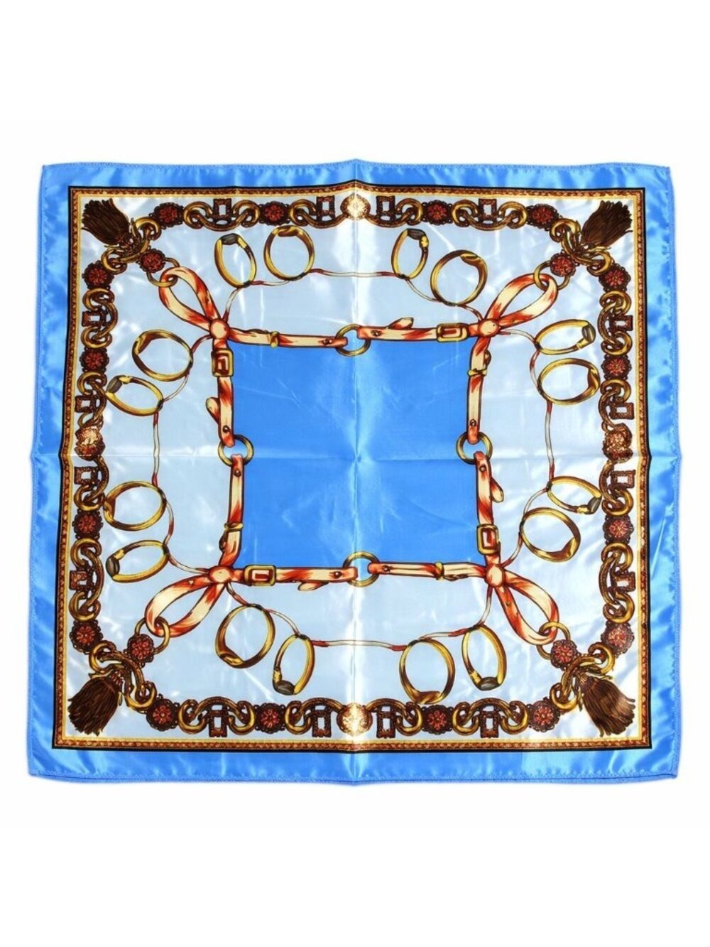 Blue Gold Chain Print Satin Scarf 20x20 Hair Neck Head Wrap